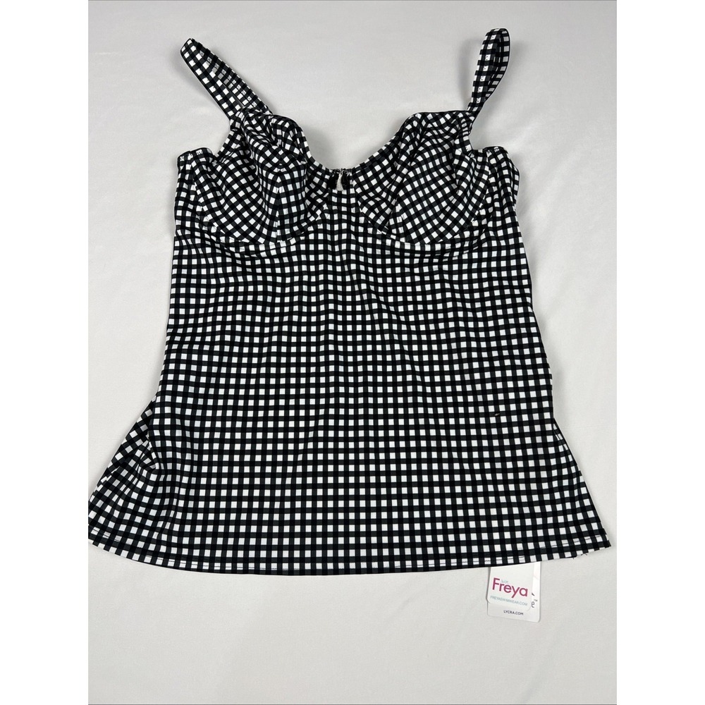 NWT Freya Women's Plunge Tankini Top Black White Plaid Size 36DDD